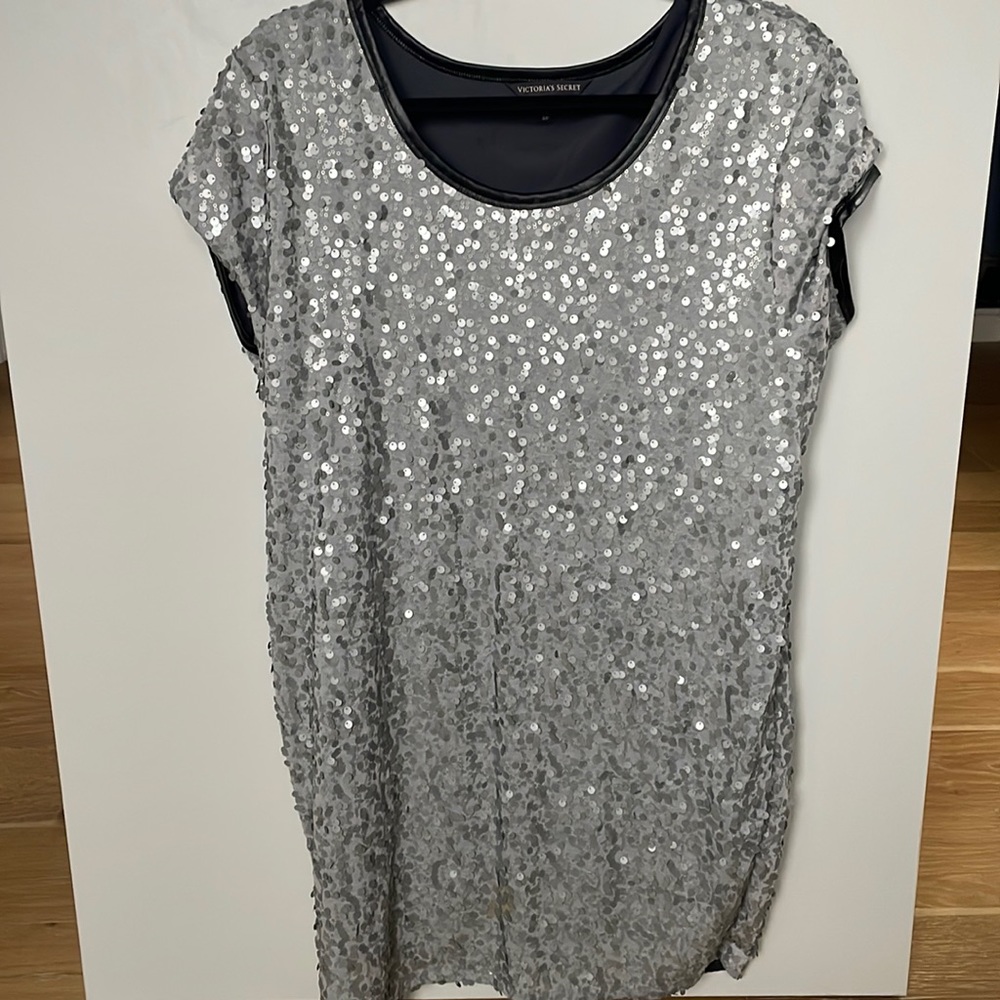 Victoria secret silver sequence dress with black leather trim